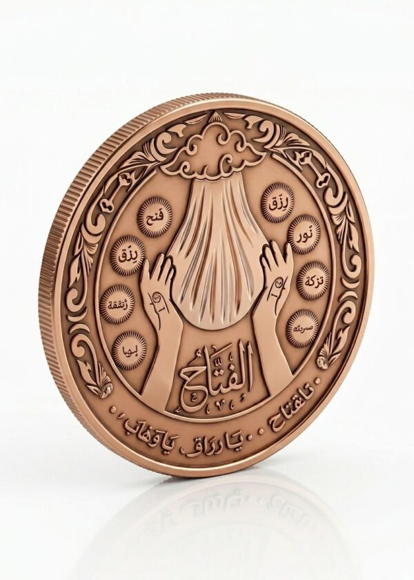 Vakıa Suresi ve El Fettah Yazılı Bakır Cüzdan Parası | Rızık & Bereket Mührü | 3 cm - Görsel 3